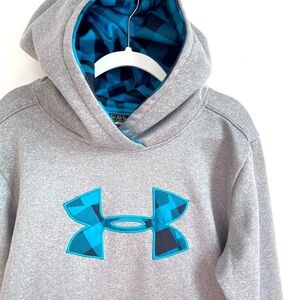 Like New Under Armour Logo Hoodie Sweatshirt, Blue Plaid Hood, Soft Gray Tricot
